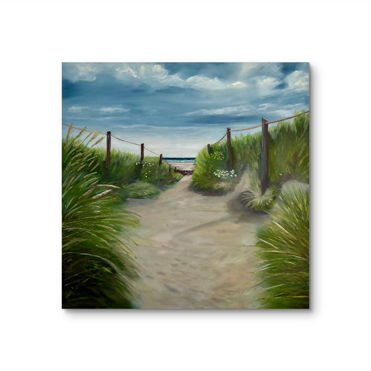 Painting of a path leading through the dunes to a beach with grass and wooden posts.